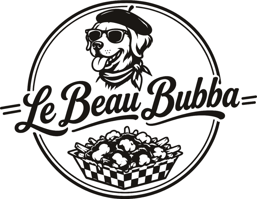 Le Beau Bubba: a golden retriever in sunglasses over a basket of poutine